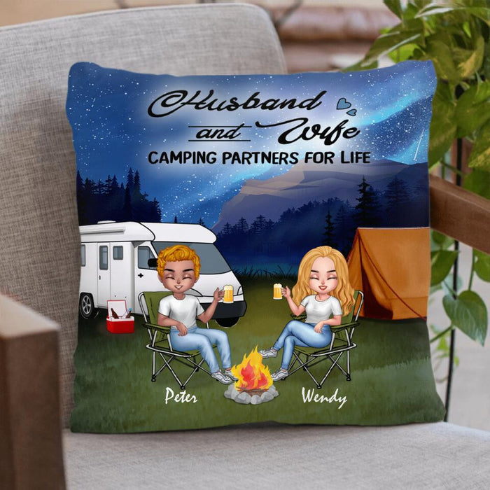 Custom Personalized Camping Night Couple With Dogs Pillow Cover & Quilt/ Fleece Blanket - Couple With Upto 3 Dogs - Gift Idea For Dog/ Camping Lover