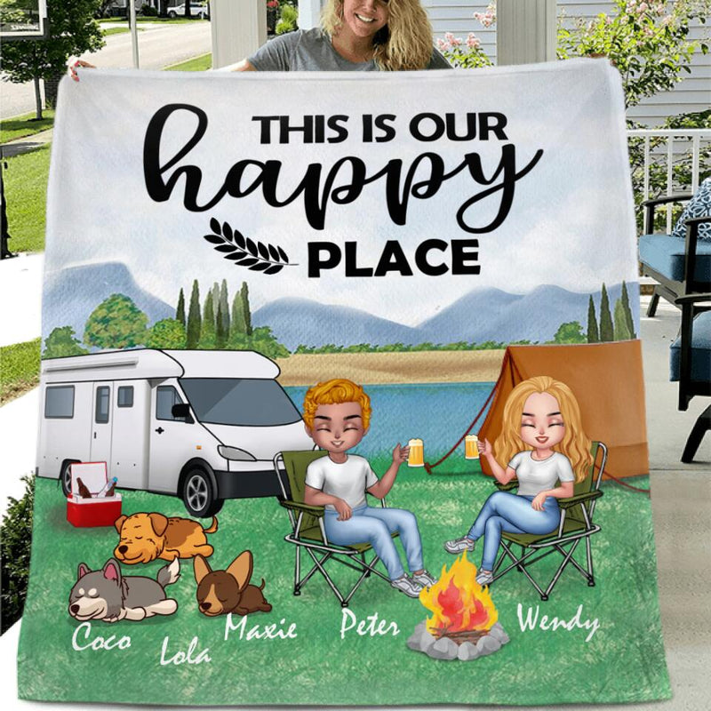 Personalized Camping Couple With Dogs Pillow Cover/Quilt/Fleece Throw Blanket - Couple With Up to 3 Dogs - Gift Idea For Dog/Camping Lover - This Is Our Happy Place