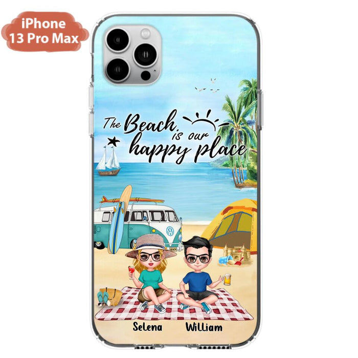 Custom Personalized Summer Beach Picnic Camping Phone Case - Upto 5 People - Gift Idea For Camping Couple/ Friends - The Beach Is Our Happy Place - Case For iPhone And Samsung