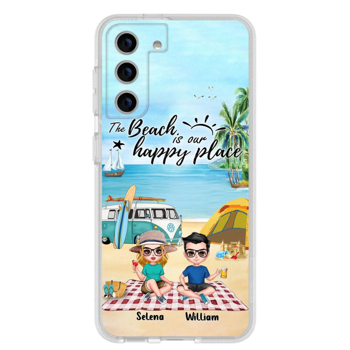 Custom Personalized Summer Beach Picnic Camping Phone Case - Upto 5 People - Gift Idea For Camping Couple/ Friends - The Beach Is Our Happy Place - Case For iPhone And Samsung