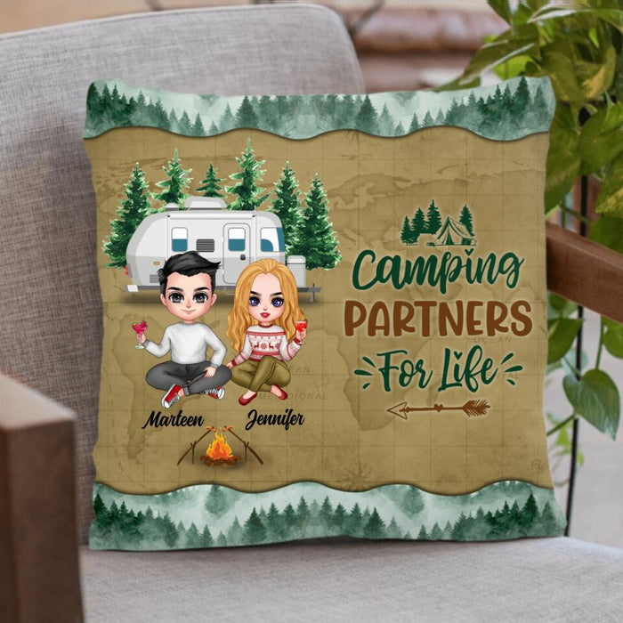 Custom Personalized Camping Couple And Dog Pillow Cover - Couple With Upto 2 Dogs - Valentine's Day Gift Idea For Couple - Camping Partners For Life