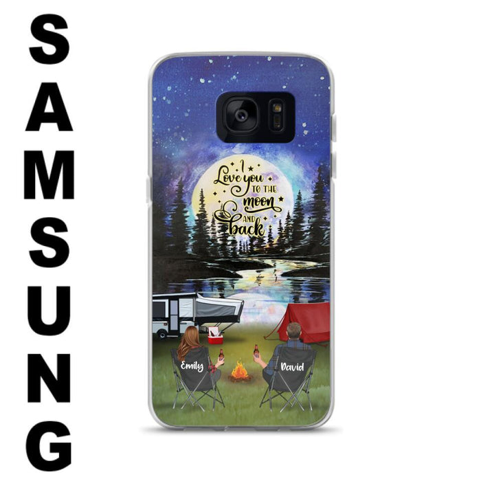 Custom Personalized Camping Moon Phone Case - Couple/ Parents With Upto 3 Kids And 4 Pets - Gift Idea For Camping Lover - I Love You To The Moon And Back - Case For iPhone And Samsung