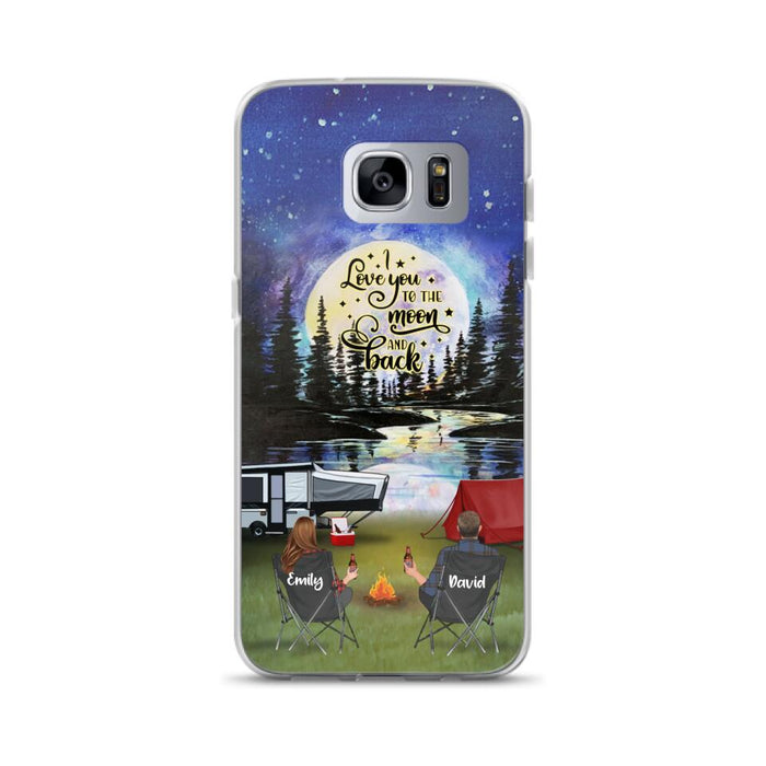 Custom Personalized Camping Moon Phone Case - Couple/ Parents With Upto 3 Kids And 4 Pets - Gift Idea For Camping Lover - I Love You To The Moon And Back - Case For iPhone And Samsung