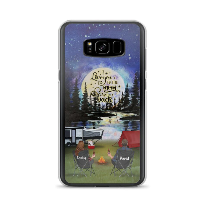 Custom Personalized Camping Moon Phone Case - Couple/ Parents With Upto 3 Kids And 4 Pets - Gift Idea For Camping Lover - I Love You To The Moon And Back - Case For iPhone And Samsung