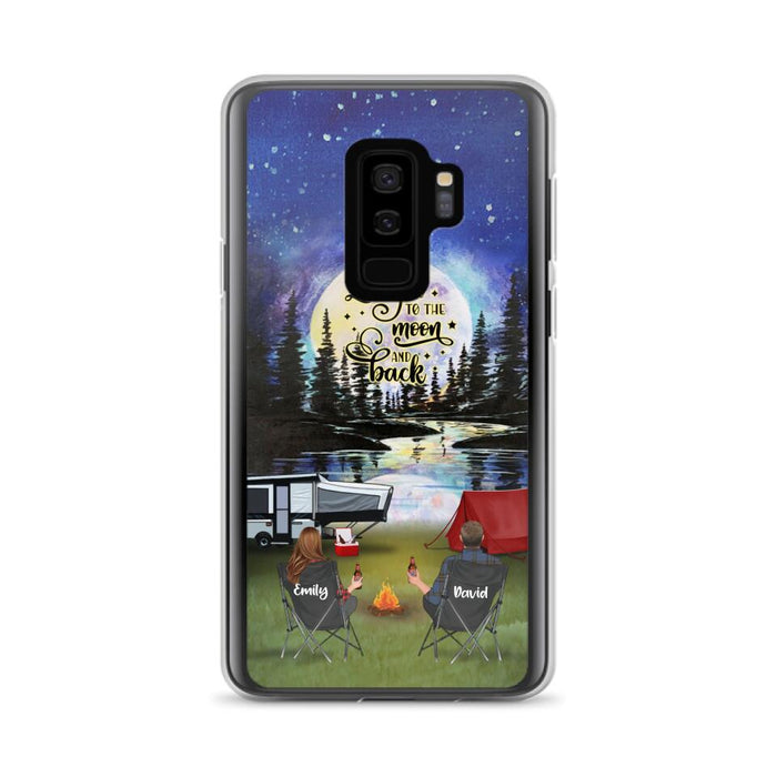 Custom Personalized Camping Moon Phone Case - Couple/ Parents With Upto 3 Kids And 4 Pets - Gift Idea For Camping Lover - I Love You To The Moon And Back - Case For iPhone And Samsung