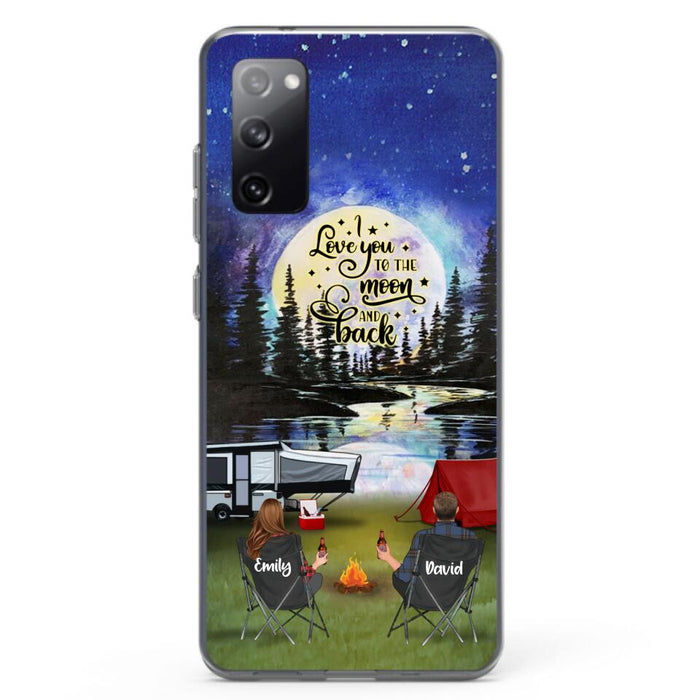 Custom Personalized Camping Moon Phone Case - Couple/ Parents With Upto 3 Kids And 4 Pets - Gift Idea For Camping Lover - I Love You To The Moon And Back - Case For iPhone And Samsung