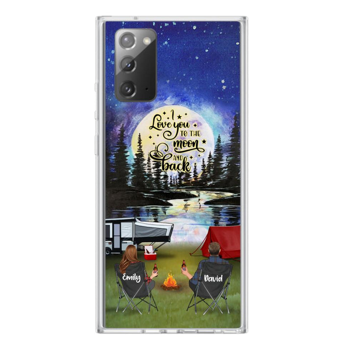 Custom Personalized Camping Moon Phone Case - Couple/ Parents With Upto 3 Kids And 4 Pets - Gift Idea For Camping Lover - I Love You To The Moon And Back - Case For iPhone And Samsung