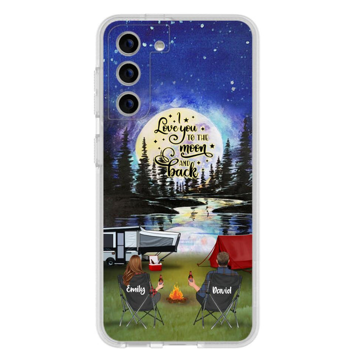 Custom Personalized Camping Moon Phone Case - Couple/ Parents With Upto 3 Kids And 4 Pets - Gift Idea For Camping Lover - I Love You To The Moon And Back - Case For iPhone And Samsung