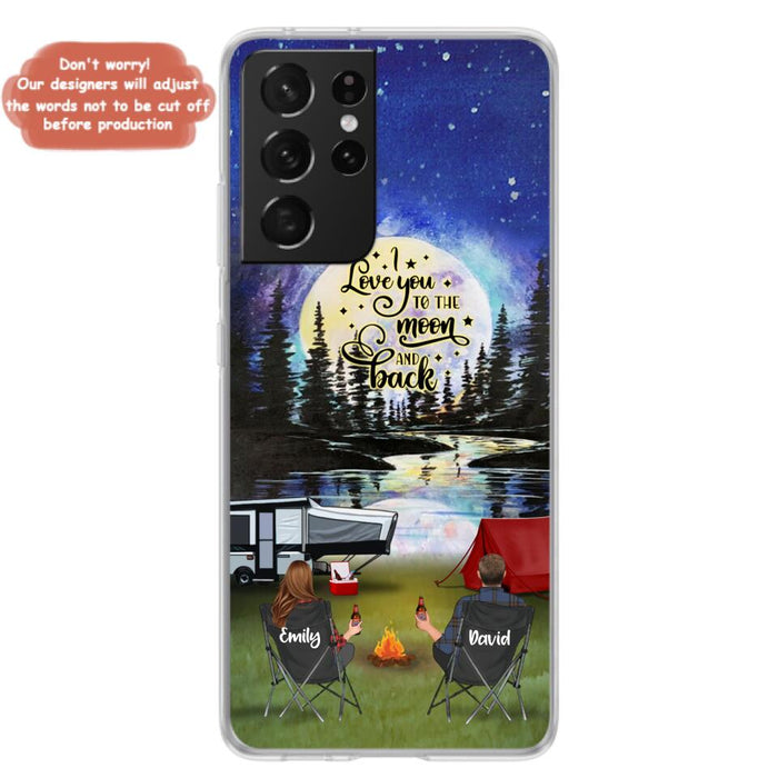 Custom Personalized Camping Moon Phone Case - Couple/ Parents With Upto 3 Kids And 4 Pets - Gift Idea For Camping Lover - I Love You To The Moon And Back - Case For iPhone And Samsung