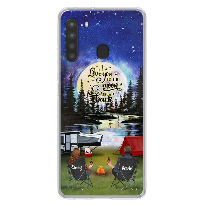 Custom Personalized Camping Moon Phone Case - Couple/ Parents With Upto 3 Kids And 4 Pets - Gift Idea For Camping Lover - I Love You To The Moon And Back - Case For iPhone And Samsung