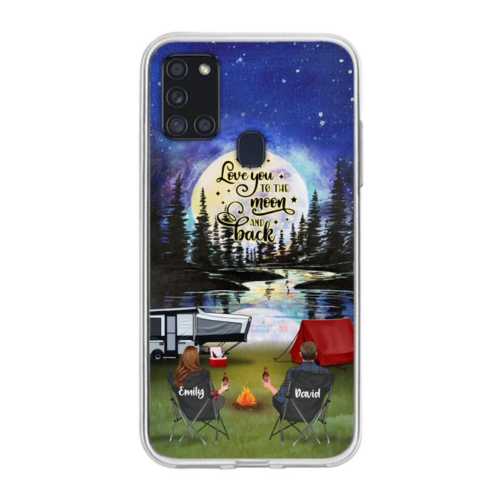 Custom Personalized Camping Moon Phone Case - Couple/ Parents With Upto 3 Kids And 4 Pets - Gift Idea For Camping Lover - I Love You To The Moon And Back - Case For iPhone And Samsung