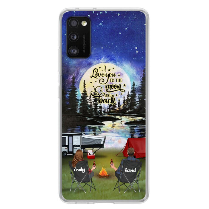 Custom Personalized Camping Moon Phone Case - Couple/ Parents With Upto 3 Kids And 4 Pets - Gift Idea For Camping Lover - I Love You To The Moon And Back - Case For iPhone And Samsung