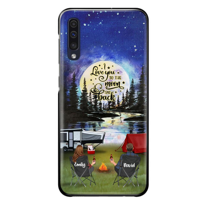 Custom Personalized Camping Moon Phone Case - Couple/ Parents With Upto 3 Kids And 4 Pets - Gift Idea For Camping Lover - I Love You To The Moon And Back - Case For iPhone And Samsung