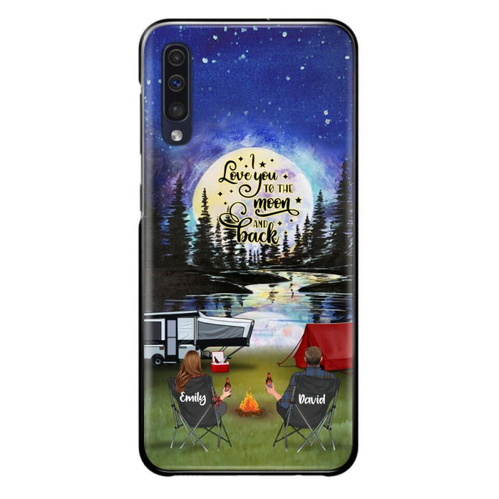 Custom Personalized Camping Moon Phone Case - Couple/ Parents With Upto 3 Kids And 4 Pets - Gift Idea For Camping Lover - I Love You To The Moon And Back - Case For iPhone And Samsung