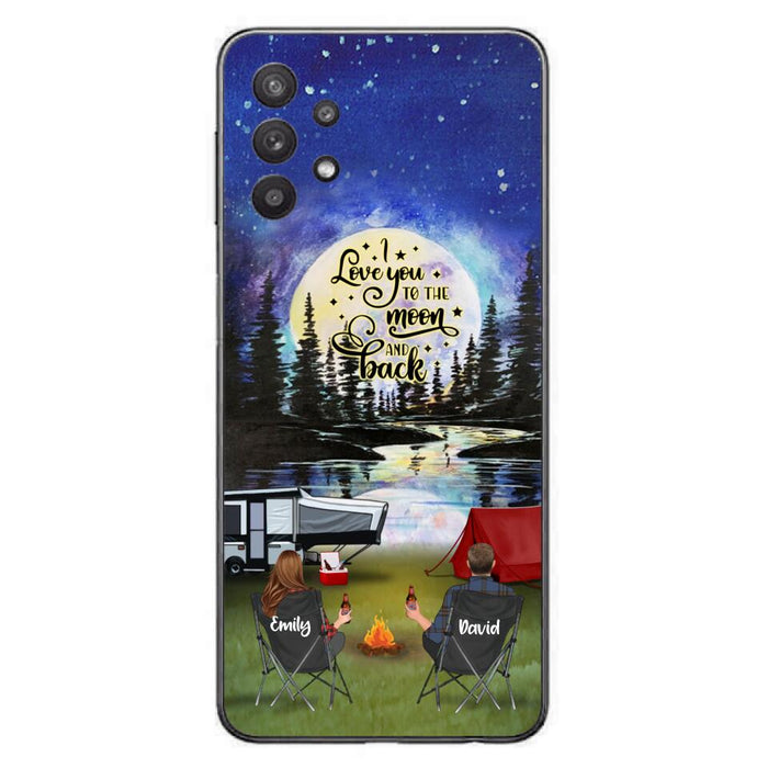 Custom Personalized Camping Moon Phone Case - Couple/ Parents With Upto 3 Kids And 4 Pets - Gift Idea For Camping Lover - I Love You To The Moon And Back - Case For iPhone And Samsung