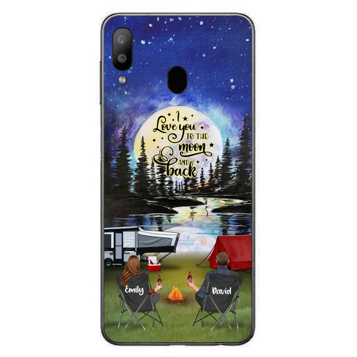 Custom Personalized Camping Moon Phone Case - Couple/ Parents With Upto 3 Kids And 4 Pets - Gift Idea For Camping Lover - I Love You To The Moon And Back - Case For iPhone And Samsung