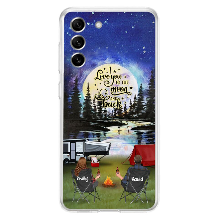 Custom Personalized Camping Moon Phone Case - Couple/ Parents With Upto 3 Kids And 4 Pets - Gift Idea For Camping Lover - I Love You To The Moon And Back - Case For iPhone And Samsung