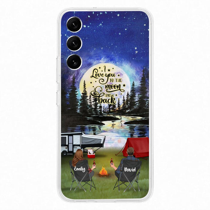 Custom Personalized Camping Moon Phone Case - Couple/ Parents With Upto 3 Kids And 4 Pets - Gift Idea For Camping Lover - I Love You To The Moon And Back - Case For iPhone And Samsung