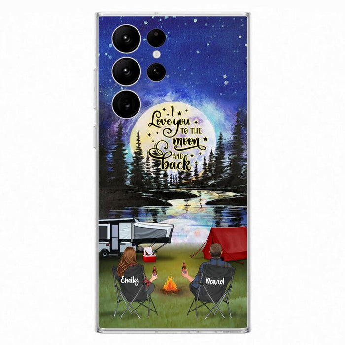 Custom Personalized Camping Moon Phone Case - Couple/ Parents With Upto 3 Kids And 4 Pets - Gift Idea For Camping Lover - I Love You To The Moon And Back - Case For iPhone And Samsung