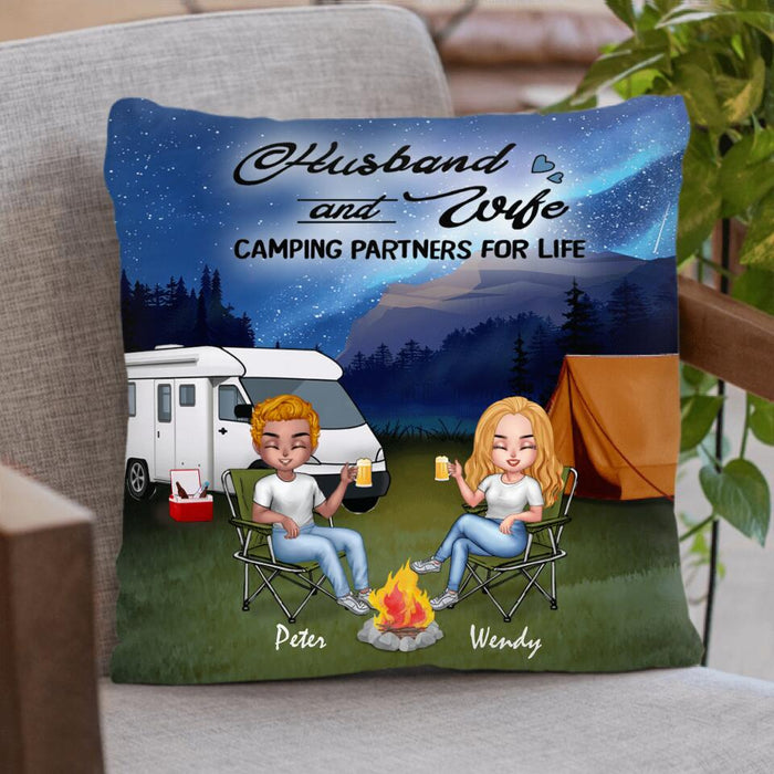 Custom Personalized Camping Night Chibi Pillow Cover - Couple With Upto 3 Dogs - Gift Idea For Camping Lover - Husband And Wife Camping Partners For Life