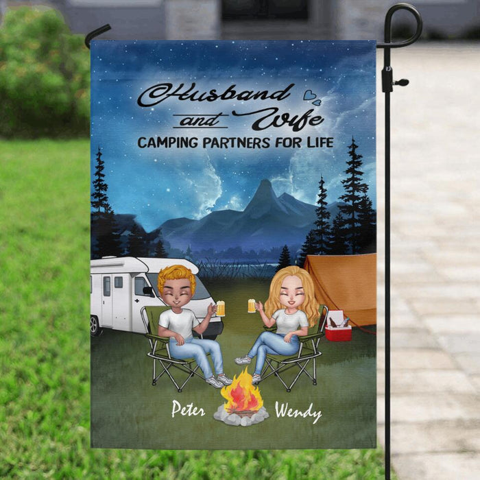 Custom Personalized Night Camping Chibi Flag Sign - Couple With Upto 3 Dogs - Gift Idea For Dog/ Camping Lover/ Couple - Husband And Wife Camping Partners For Life