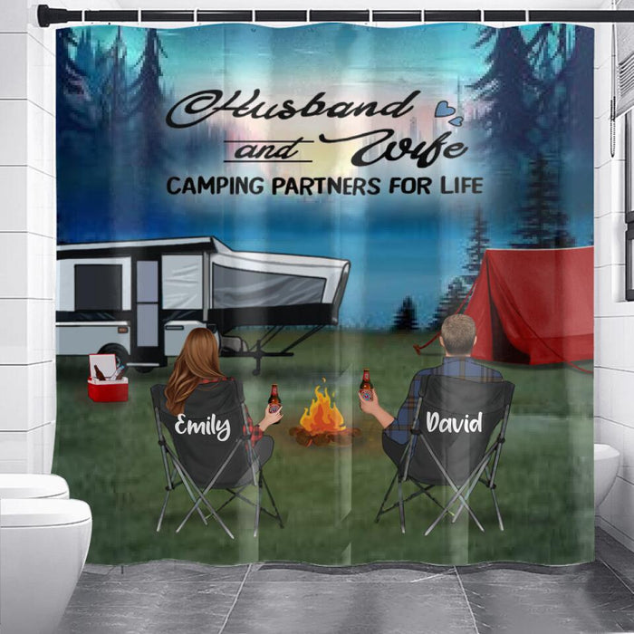 Personalized Camping Shower Curtain - Gift Idea For Camping Lover - Couple/Parents With Up to 3 Kids And 4 Pets - Husband And Wife Camping Partners For Life