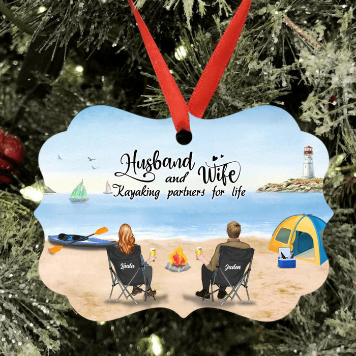 Custom Personalized Kayak Camping Ornament - Couple With Upto 3 Dogs - This Is Our Happy Place