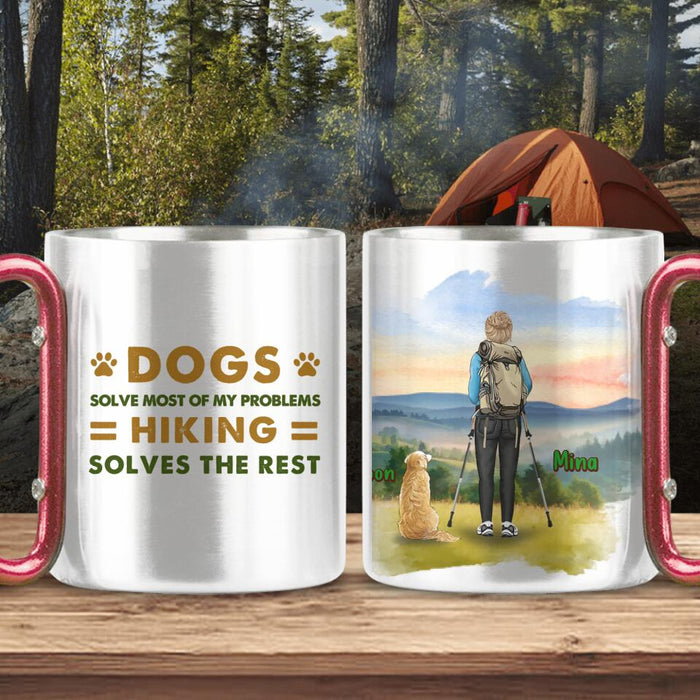 Custom Personalized Solo Hiking With Dogs Classic Insulated Mug - Woman/Man With Upto 4 Dogs - Gift Idea For Hiking Lovers - Dogs Solve Most Of My Problem, Hiking Solves The Rest