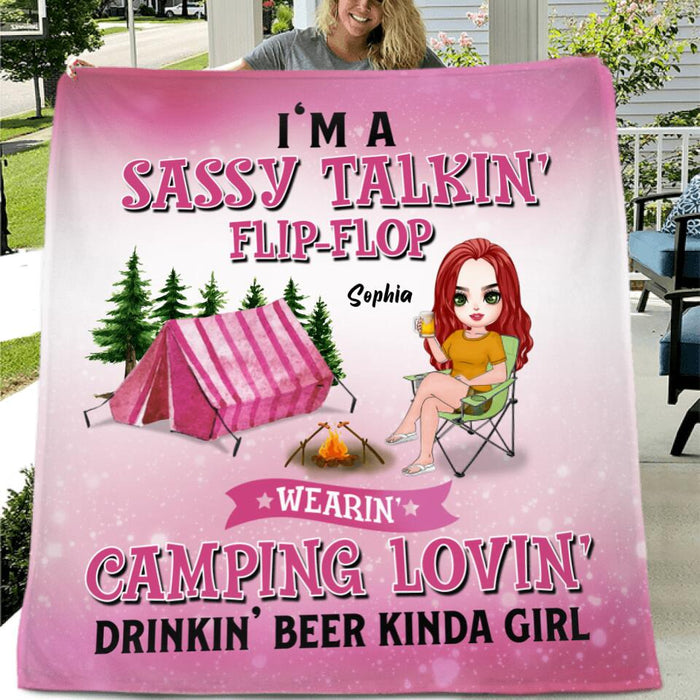 Custom Personalized Camping Girl Pillow Cover & Fleece/ Quilt Blanket - Gift Idea For Camping Lovers - I'm A Sassy Talkin' Flip - Flop Camping Lovin' Drinkin' Beer Kinda Girl