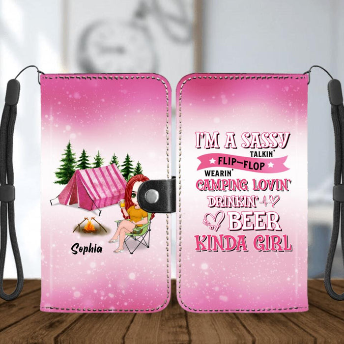 Custom Personalized Camping Girl Flip Leather Purse For Mobile Phone - Gift Idea For Camping Lovers - I'm A Sassy Talkin' Flip - Flop Camping Lovin' Drinkin' Beer Kinda Girl