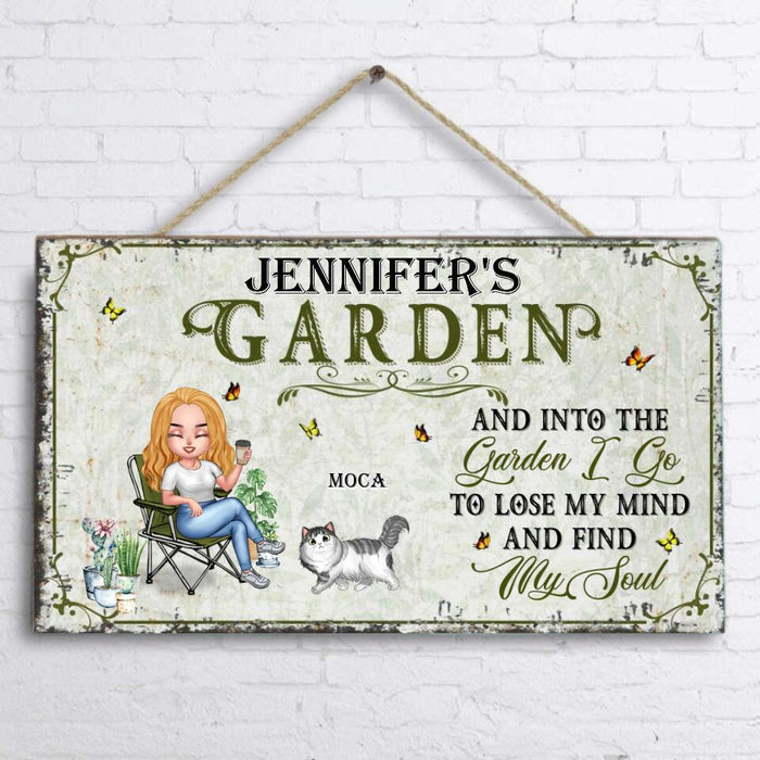 Custom Personalized Garden Cat Door Sign - Gift Idea For Garden/ Cat Lovers - And Into The Garden I Go To Lose My Mind And Find My Soul - Up to 6 Cats