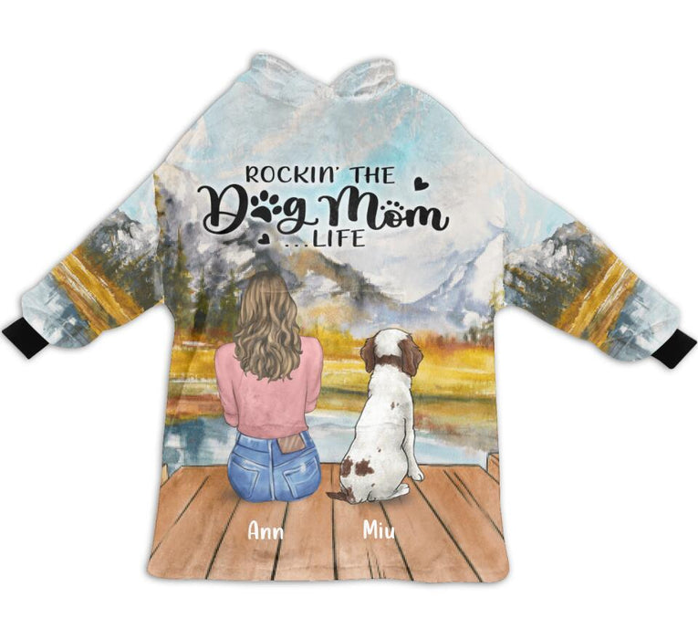 Custom Personalized Dog Mom Blanket Hoodie For Women - Mother's Day Gift up to 4 Dogs - Rockin' The Dog Mom Life