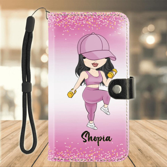 Custom Personalized Gym Girl Chibi Flip Leather Purse For Mobile Phone - Gift Idea For Gym Lovers - I Worked Out Because Punching People Is Frowned Upon