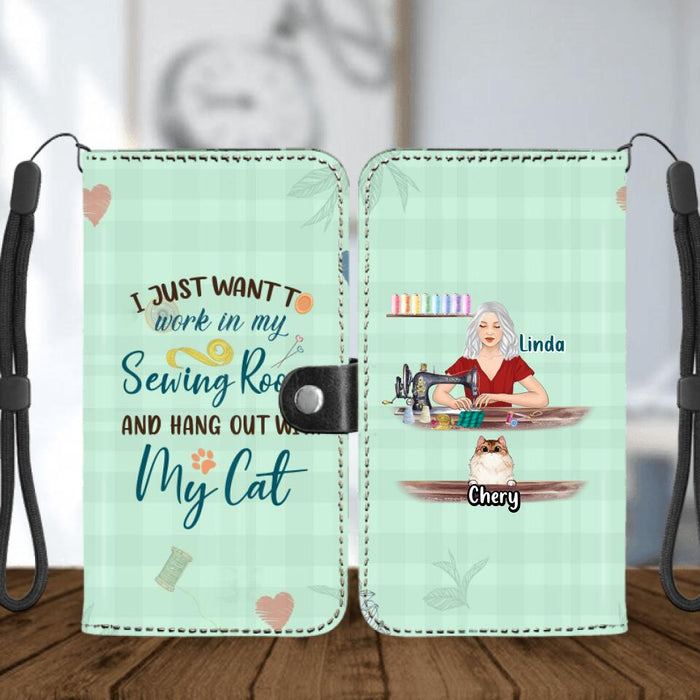 Custom Personalized Cat Mom Sewing Flip Leather Purse - Gift Idea For Cat and Sewing Lovers/Mother's Day - Upto 6 Cats - I Just Want To Work In My Sewing Room And Hang Out With My Cat
