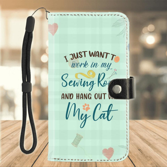 Custom Personalized Cat Mom Sewing Flip Leather Purse - Gift Idea For Cat and Sewing Lovers/Mother's Day - Upto 6 Cats - I Just Want To Work In My Sewing Room And Hang Out With My Cat