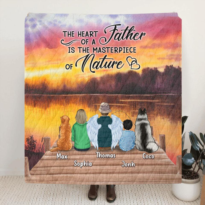 Custom Personalized Father Fishing Pillow Cover & Fleece/ Quilt Blanket - Father With Up to 2 Kids And 2 Pets - Gift Idea For Father/ Fishing Lover - The Heart Of A Father Is The Masterpiece Of Nature