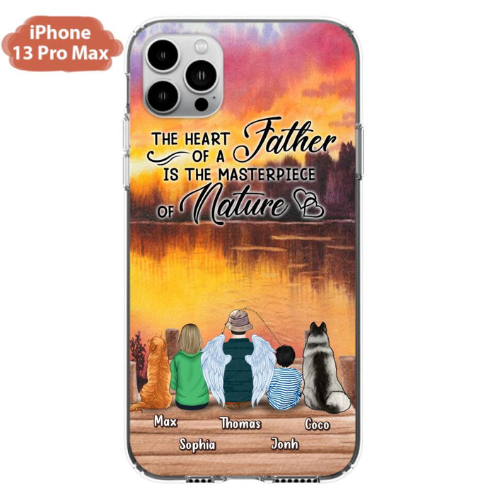 Custom Personalized Father Fishing Phone Case - Father With Up to 2 Kids And 2 Pets - Gift Idea For Father/ Fishing Lover - The Heart Of A Father Is The Masterpiece Of Nature - Case For iPhone And Samsung