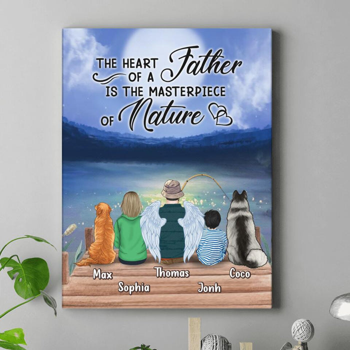 Custom Personalized Father Fishing Canvas - Father With Up to 2 Kids And 2 Pets - Gift Idea For Father/ Fishing Lover - The Heart Of A Father Is The Masterpiece Of Nature