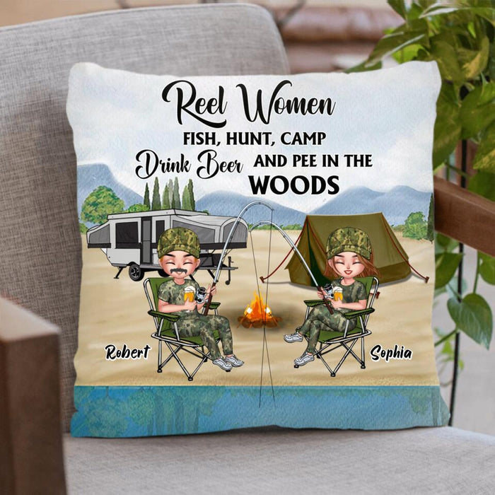 Custom Personalized Fishing Pillow Cover & Fleece/ Quilt Blanket - Best Gift For Fishing Lovers - Reel Women Fish, Hunt, Camp, Drink Beer And Pee In The Woods