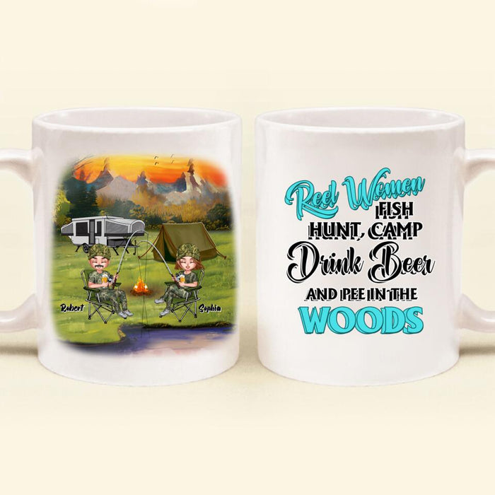 Custom Personalized Fishing Coffee Mug - Best Gift For Fishing Lovers - Reel Women Fish, Hunt, Camp, Drink Beer And Pee In The Woods