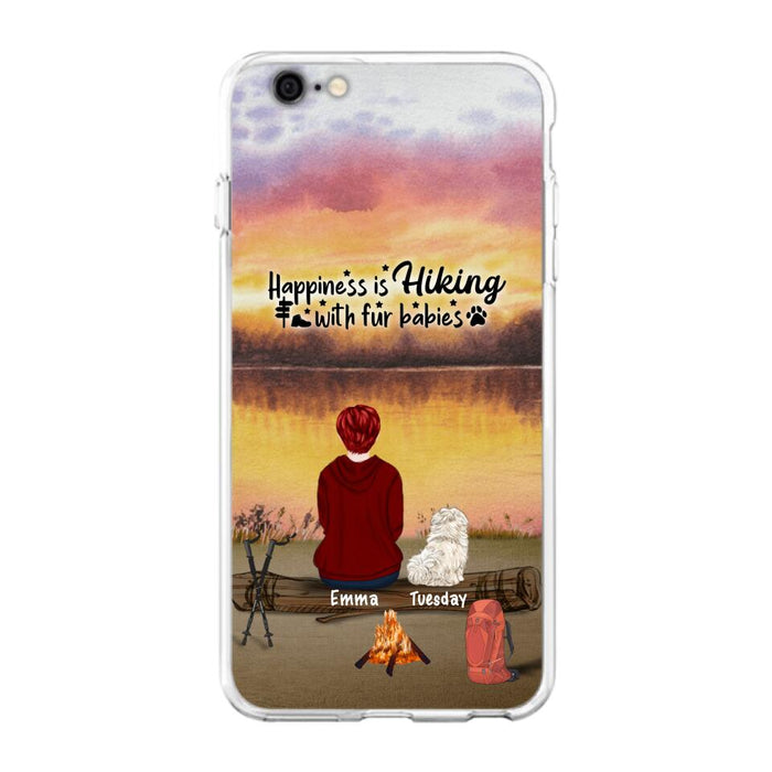 Custom Personalized Hiking Phone Case - Man/ Woman/ Couple With Upto 4 Pets - Gift For Cat/ Dog Lover - Happiness Is Hiking With Fur Babies - Case For iPhone And Samsung