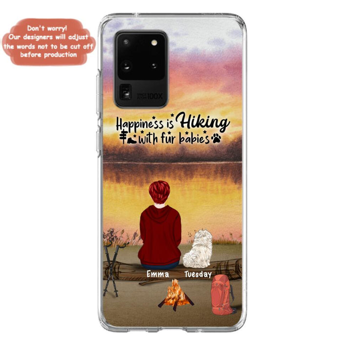 Custom Personalized Hiking Phone Case - Man/ Woman/ Couple With Upto 4 Pets - Gift For Cat/ Dog Lover - Happiness Is Hiking With Fur Babies - Case For iPhone And Samsung