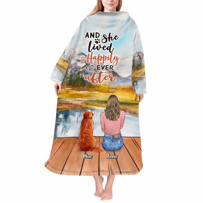 Custom Personalized Dog Blanket Robe With Sleeves - Gift for Dog Mom, Dog Lovers - Up to 6 Dogs - And she lived happily ever after