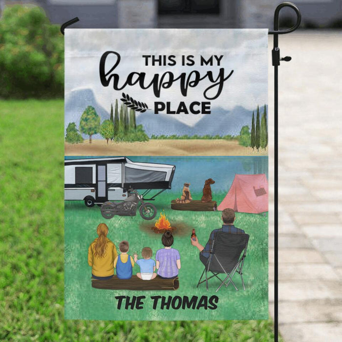 Custom Personalized Father's Day Camping Garden Flag - Single Man/Woman with up to 4 Kids and 2 Pets - This is my happy place