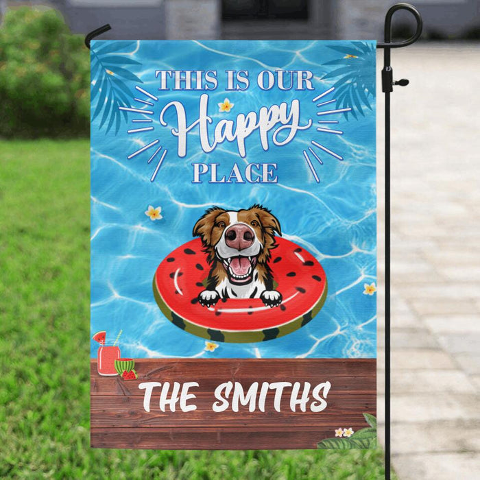Personalized Family Pool Garden Flag - Family Name with up to 4 Dogs - This is our happy place - 4UJYU0