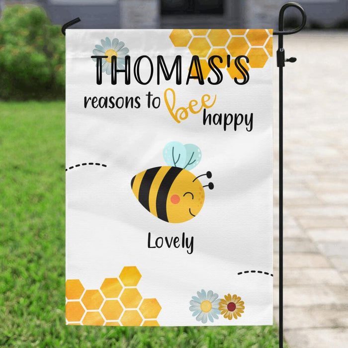 Custom Personalized Bee Garden Flag Sign - Family's Name - Upto 9 Bees - Reasons To Bee Happy