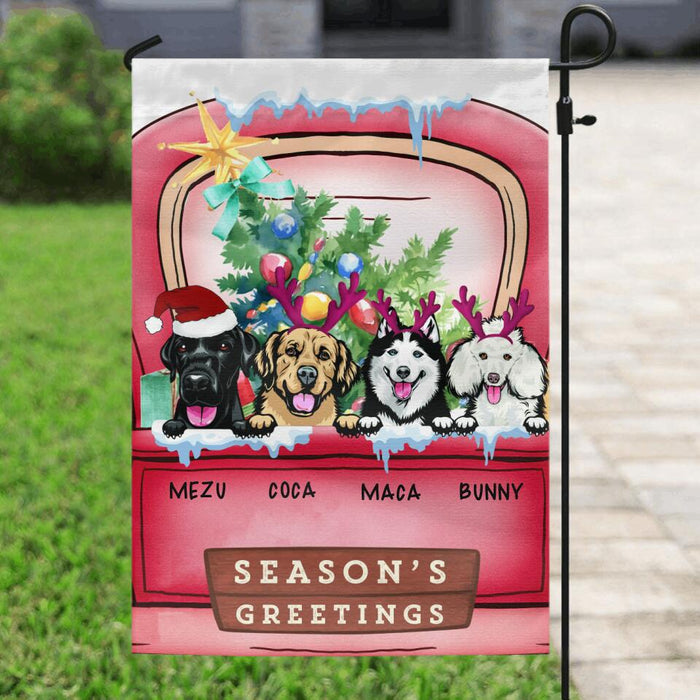 Custom Personalized Christmas Truck With Dogs Flag Sign - Upto 4 Dogs - Best Gift For Dog Lovers - Season's Greeting - G5COUE