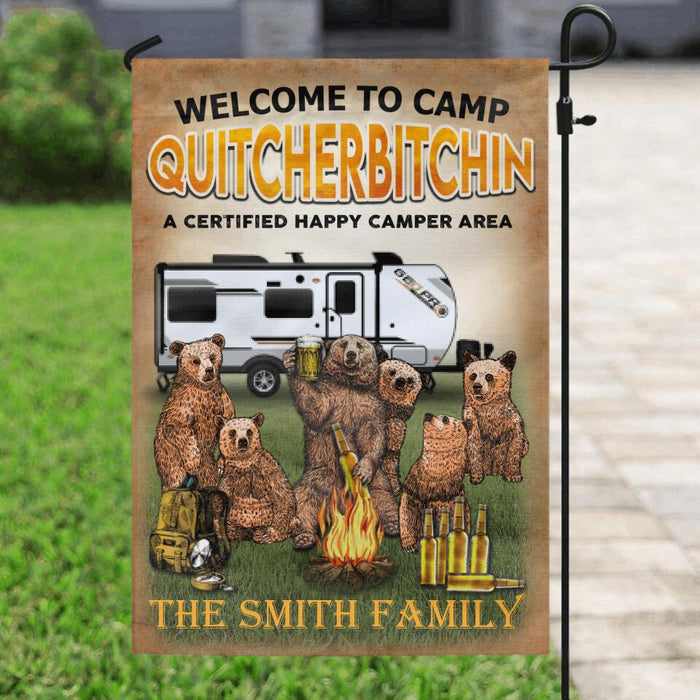 Custom Personalized Flag Sign - Camping Daddy Bear - Welcome To Camp Quitcherbitchin A Certified Happy Camper Area