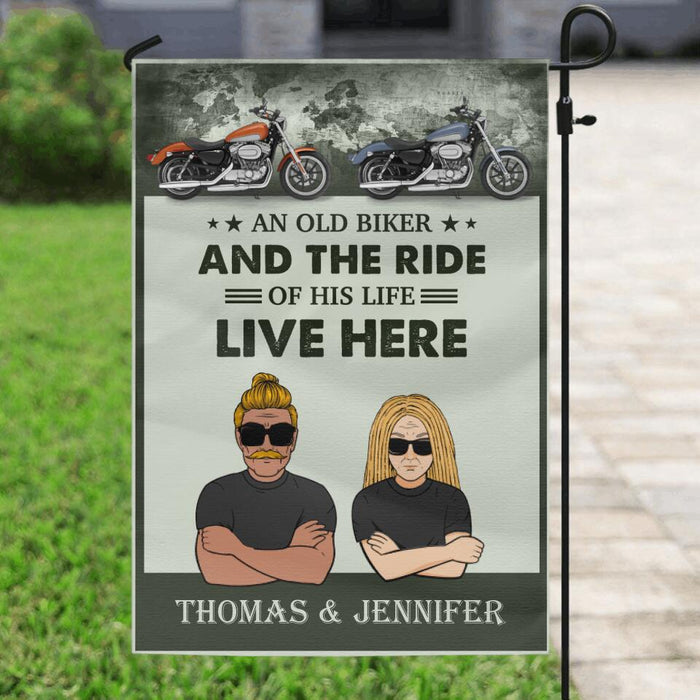 Custom Personalized Bikers Flag - Upto 2 Motorbikes - Best Gift For Biker Lovers - An Old Biker And The Ride Of His Life Live Here