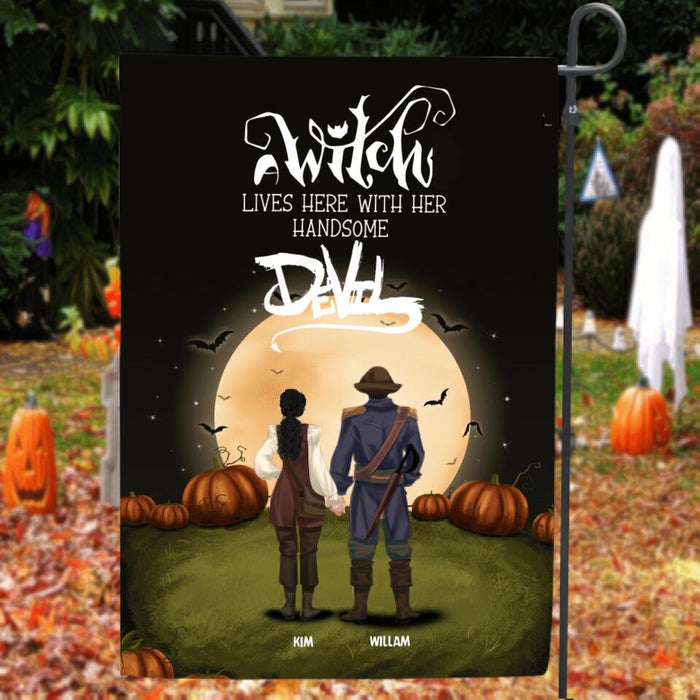 Custom Personalized Witch Flag - Couple With Upto 3 Kids And 3 Dogs - A Witch Lives Here